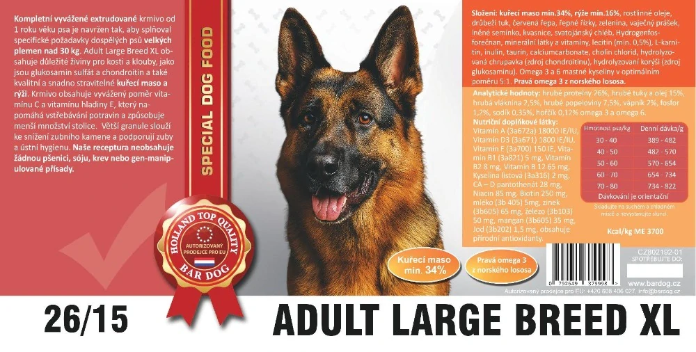 BARDOG ADULT Large & Breed XL 26/15 kuřecí maso pro velká plemena 4 kg