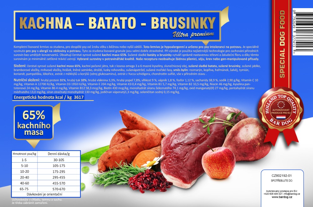 BARDOG Lisované krmivo KACHNA – BATATO – BRUSINKY 4 kg